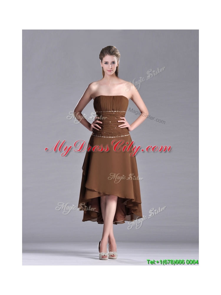 Exclusive Beaded Strapless High Low Brown Prom Dress in Chiffon