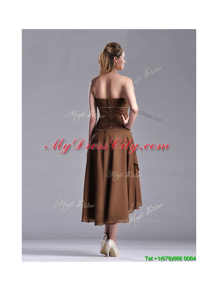 Exclusive Beaded Strapless High Low Brown Prom Dress in Chiffon