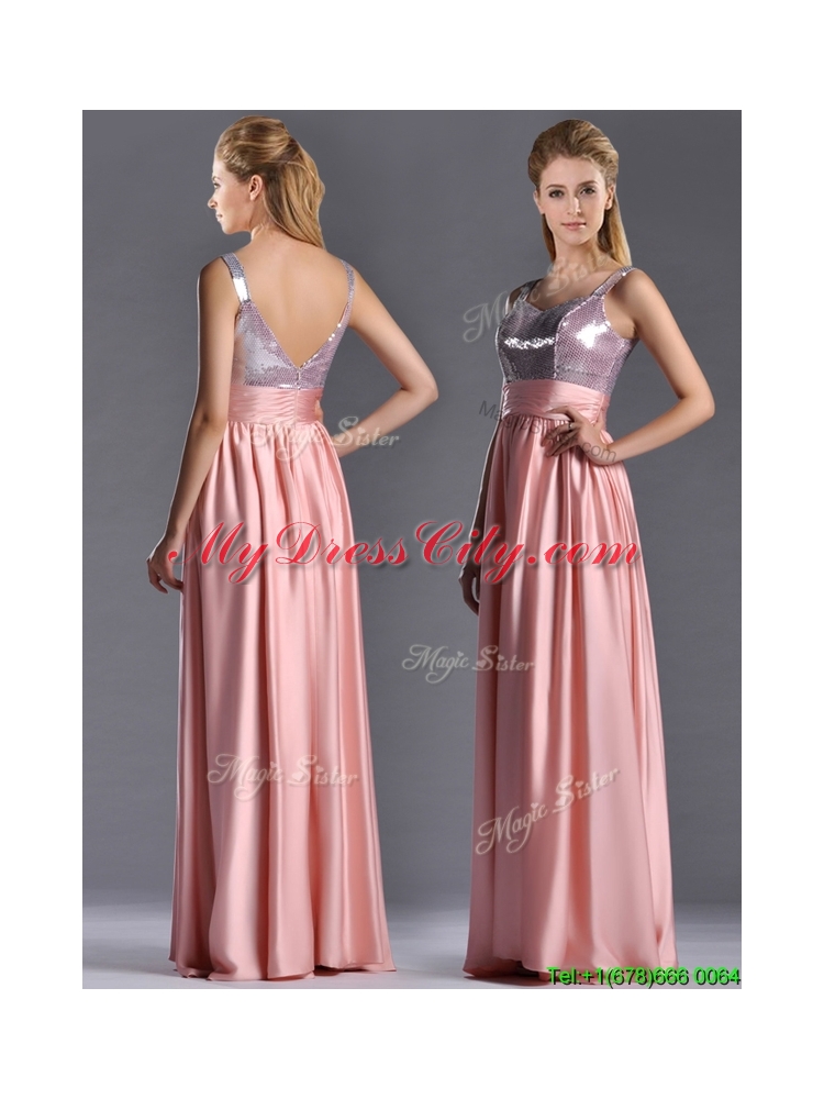 Lovely Empire Straps Zipper Up Peach Prom Dress with Sequins