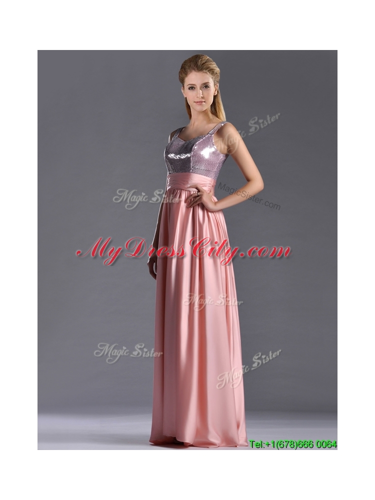 Lovely Empire Straps Zipper Up Peach Prom Dress with Sequins