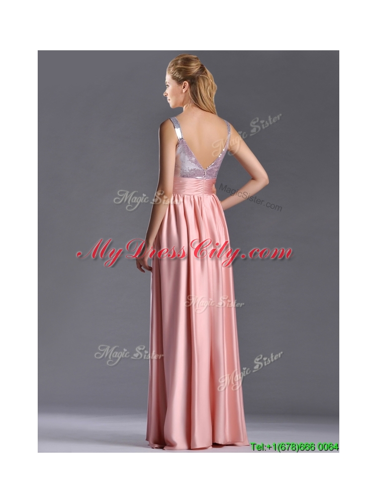 Lovely Empire Straps Zipper Up Peach Prom Dress with Sequins