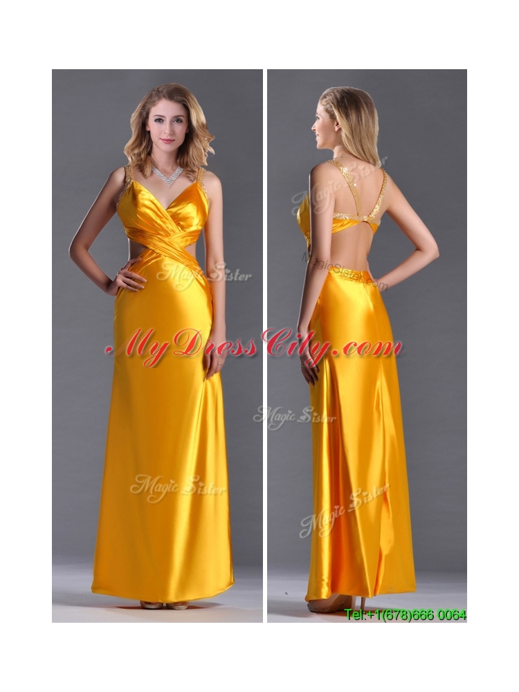 Luxurious Beaded Decorated Straps Criss Cross Prom Dress in Gold