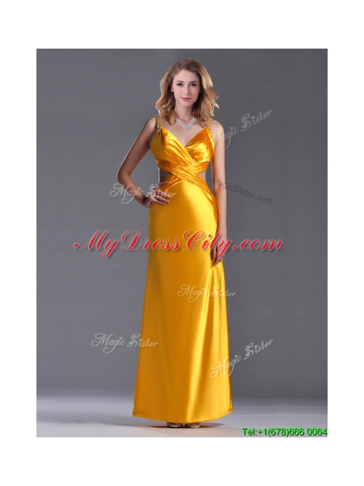 Luxurious Beaded Decorated Straps Criss Cross Prom Dress in Gold