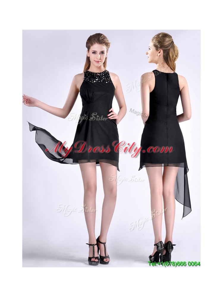 Modern Scoop Asymmetrical Black Chiffon Prom Dress with Beading