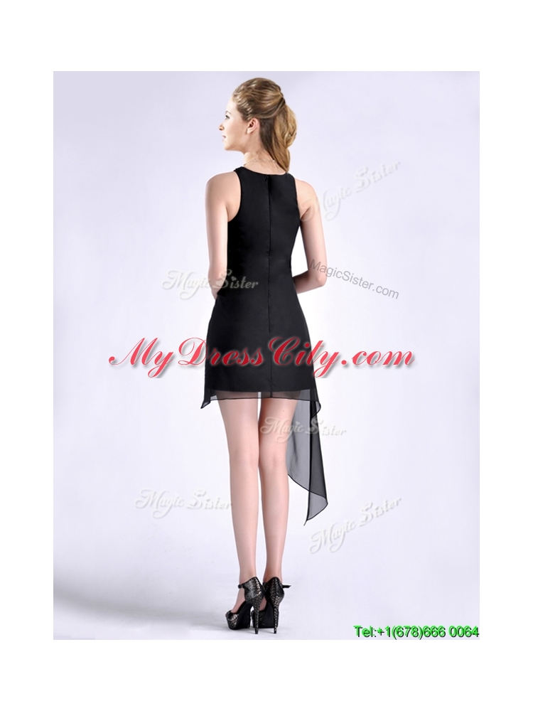 Modern Scoop Asymmetrical Black Chiffon Prom Dress with Beading