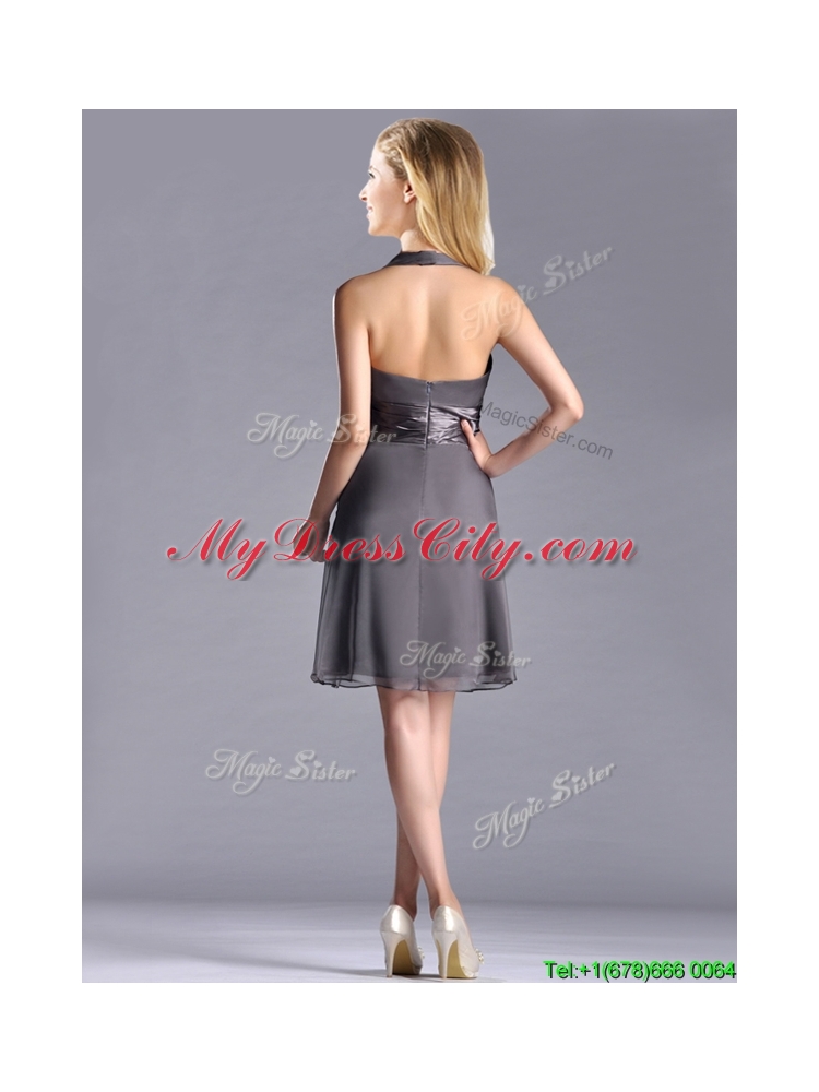 Romantic Chiffon Halter Top Knee Length Prom Dress in Grey