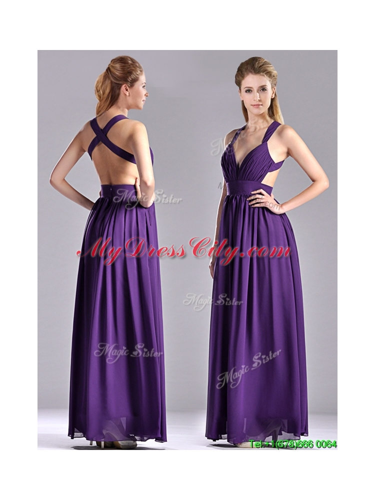 Sexy Purple Criss Cross Prom Dress with Ruched Decorated Bust