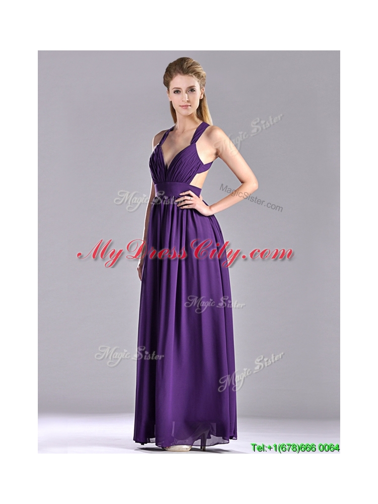 Sexy Purple Criss Cross Prom Dress with Ruched Decorated Bust