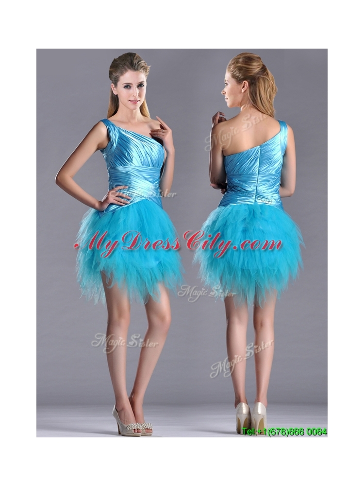 Wonderful One Shoulder Ruched and Ruffled Aqua Blue Prom Dress in Tulle