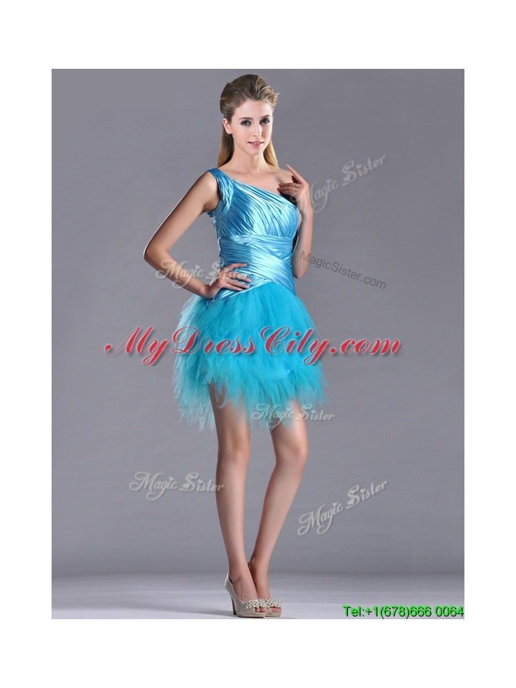 Wonderful One Shoulder Ruched and Ruffled Aqua Blue Prom Dress in Tulle