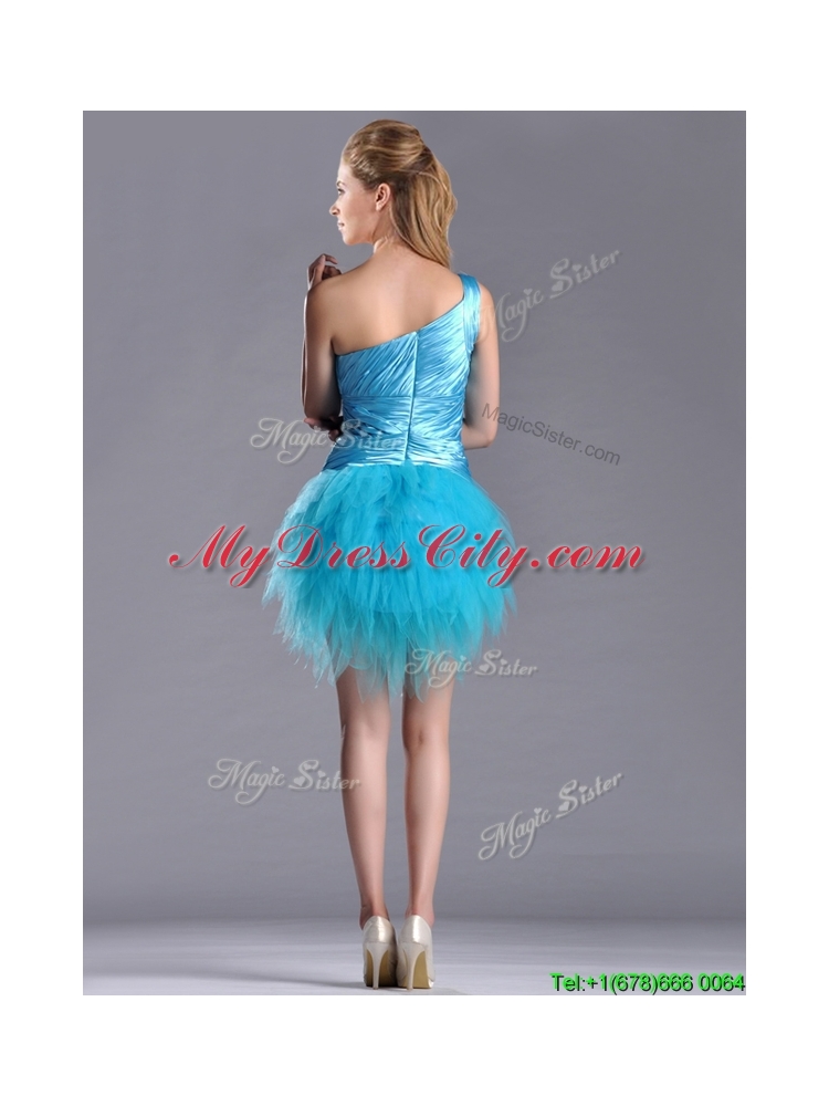 Wonderful One Shoulder Ruched and Ruffled Aqua Blue Prom Dress in Tulle