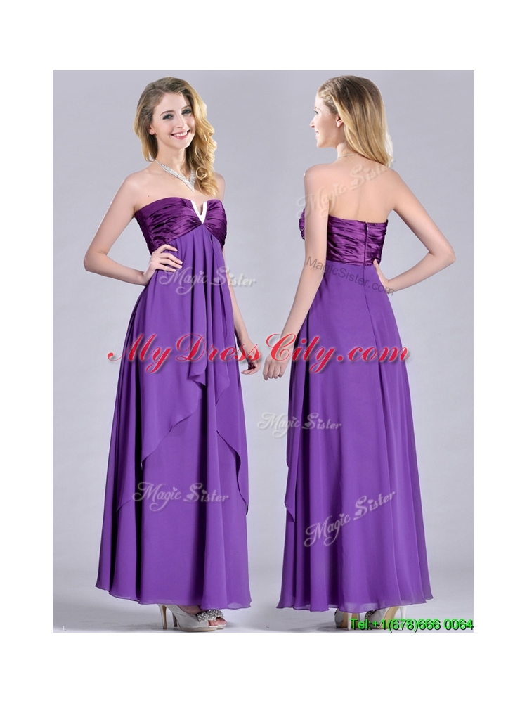 Cheap Beaded Decorated V Neck Chiffon Prom Dress in Eggplant Purple