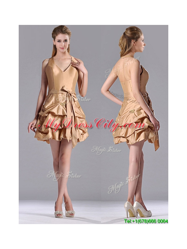 Most Popular Halter Top Champagne Prom Dress with Bubbles and Bowknot