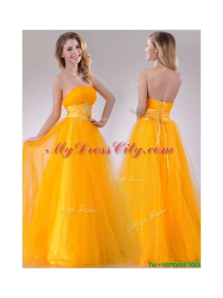 Elegant A Line Beaded Tulle Gold Prom Dress with Lace Up