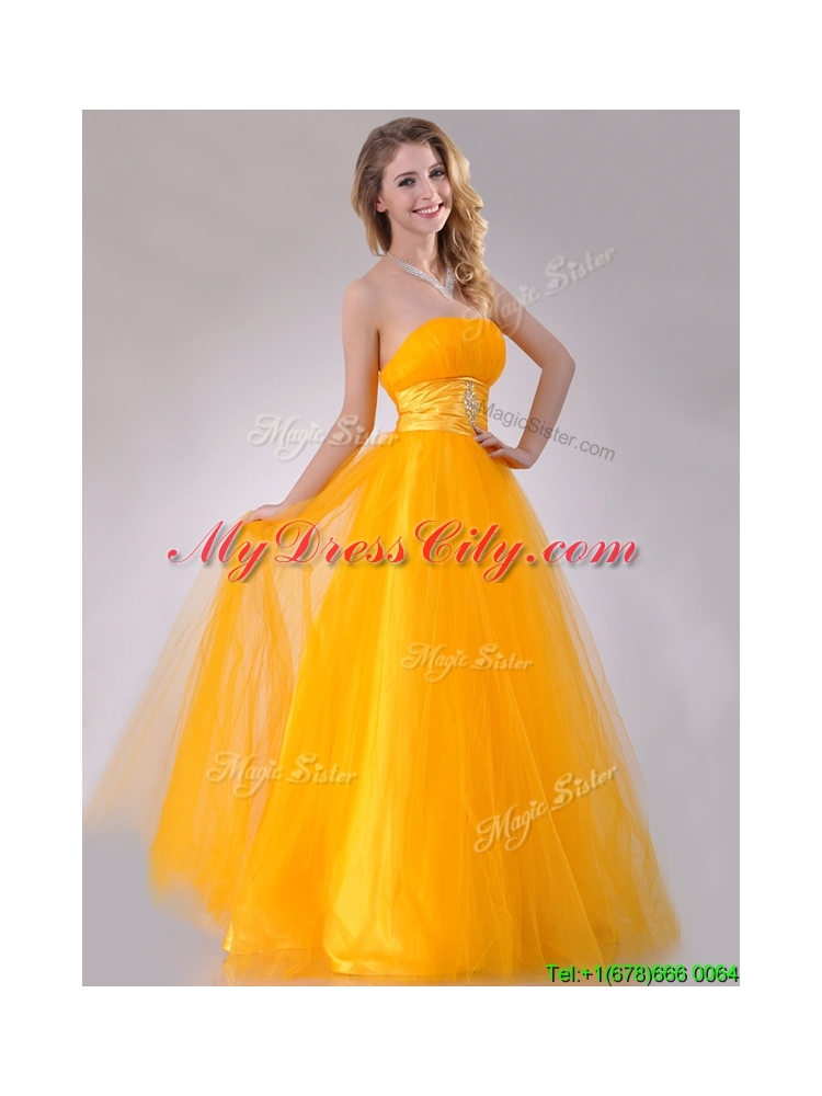 Elegant A Line Beaded Tulle Gold Prom Dress with Lace Up