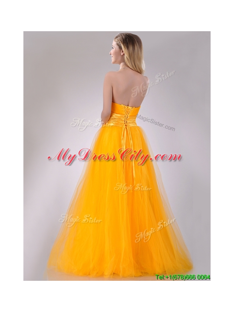 Elegant A Line Beaded Tulle Gold Prom Dress with Lace Up