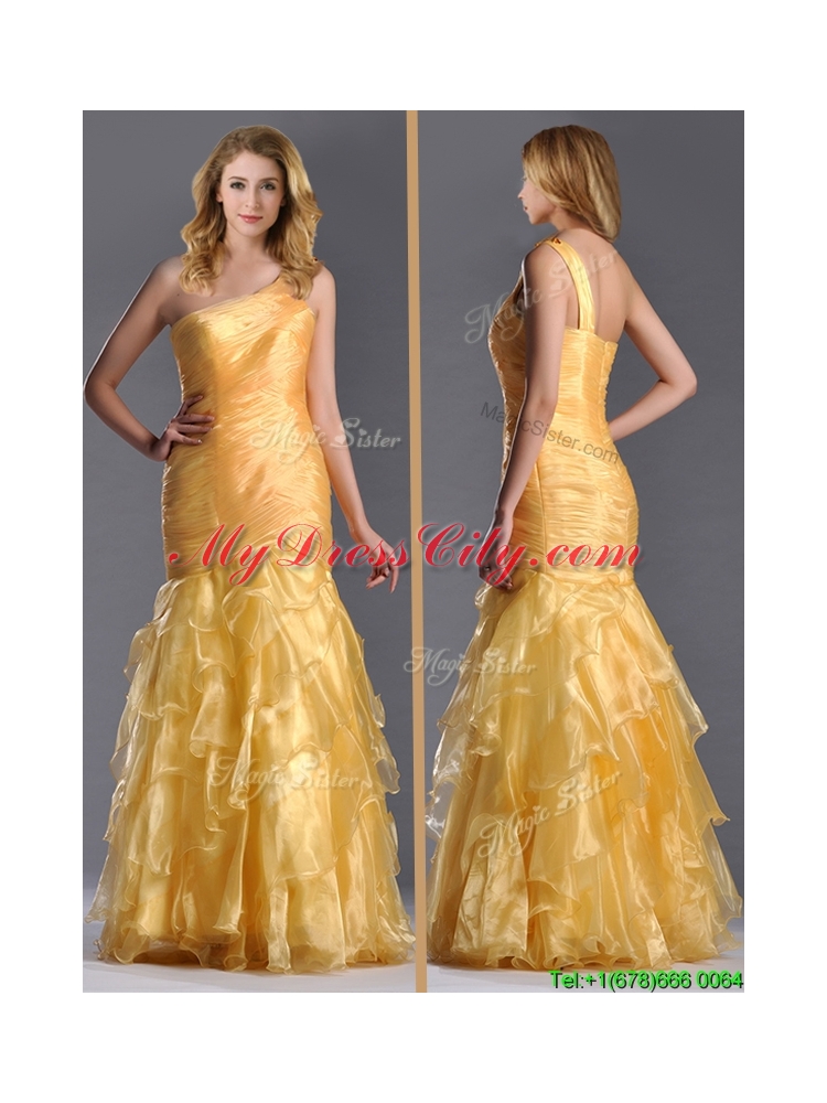 Elegant Mermaid One Shoulder Organza Ruffled Prom Dress in Gold