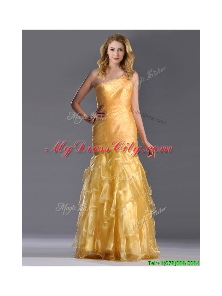 Elegant Mermaid One Shoulder Organza Ruffled Prom Dress in Gold