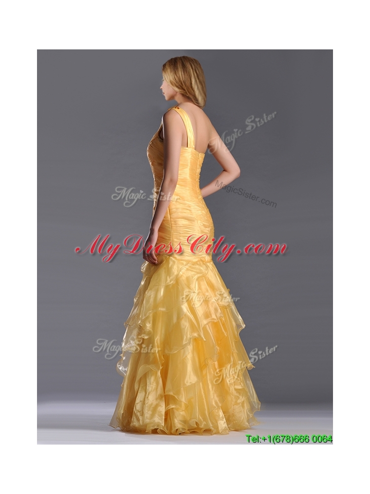 Elegant Mermaid One Shoulder Organza Ruffled Prom Dress in Gold