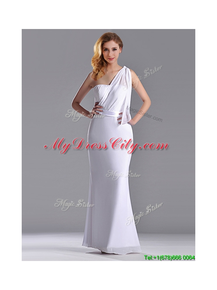 Exclusive Column White Chiffon Backless Prom Dress with One Shoulder