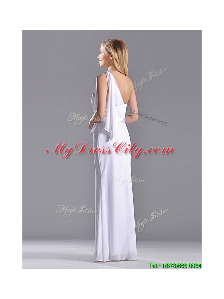 Exclusive Column White Chiffon Backless Prom Dress with One Shoulder