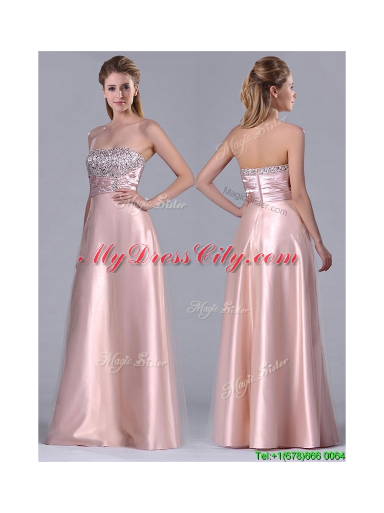 Fashionable Strapless Peach Long Prom Dress with Beaded Bodice