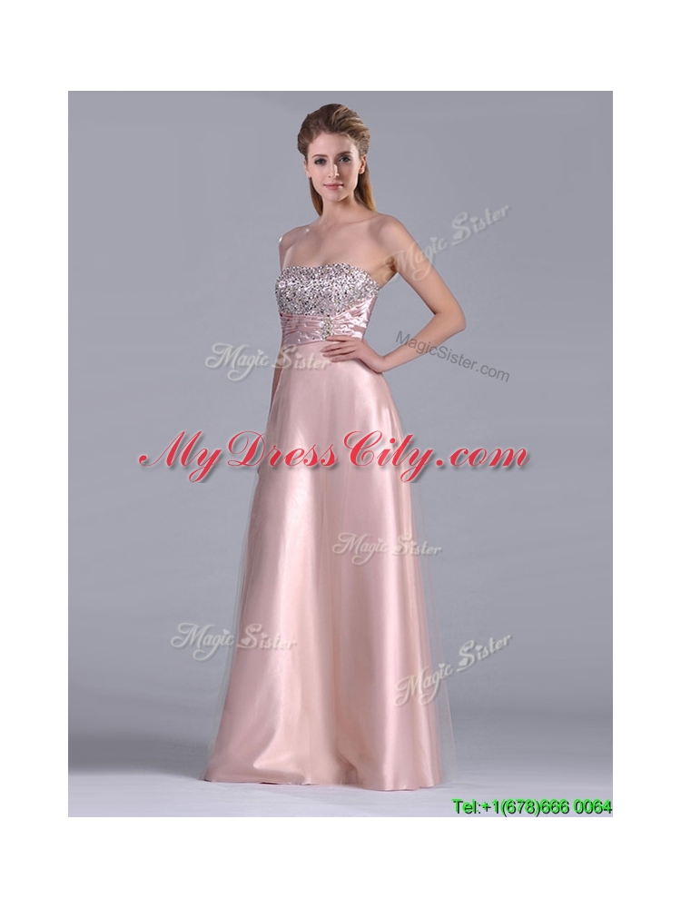 Fashionable Strapless Peach Long Prom Dress with Beaded Bodice