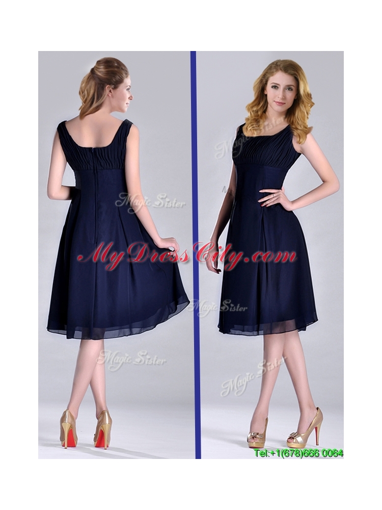 Latest Square Empire Chiffon Navy Blue Prom Dress with Ruching