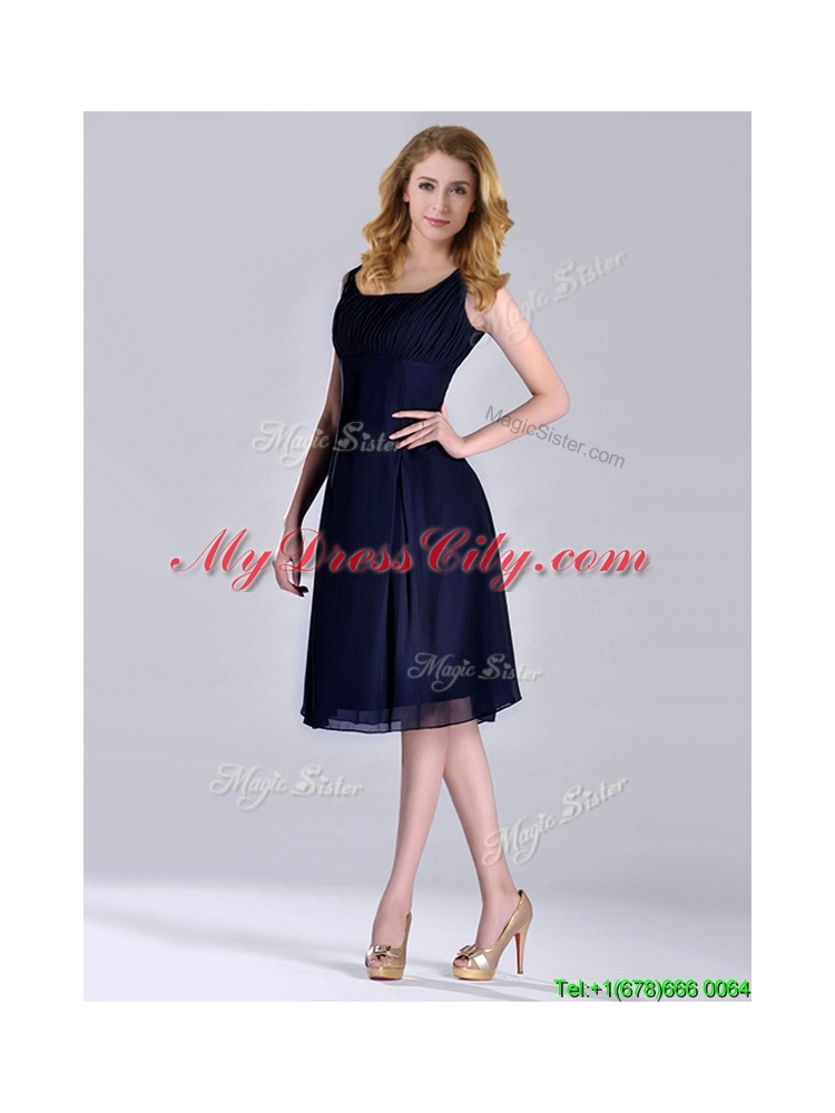 Latest Square Empire Chiffon Navy Blue Prom Dress with Ruching