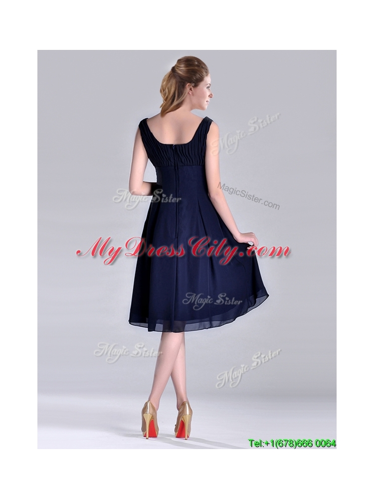 Latest Square Empire Chiffon Navy Blue Prom Dress with Ruching