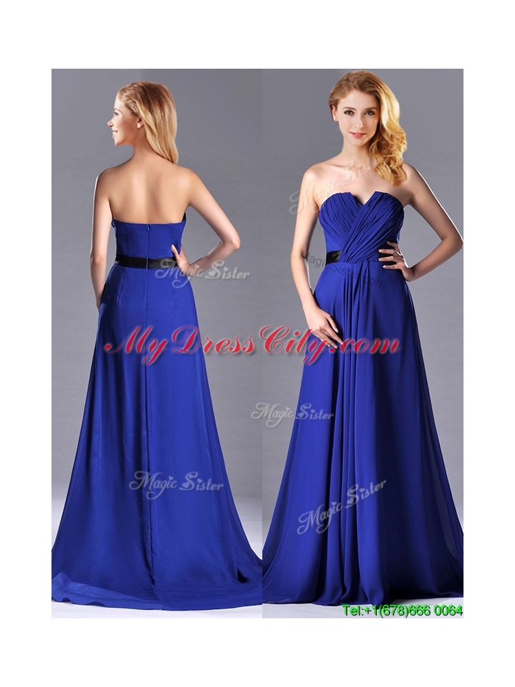 Luxurious Empire Chiffon Royal Blue Prom Dress with Brush Train