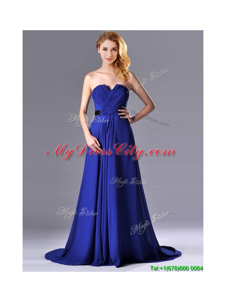 Luxurious Empire Chiffon Royal Blue Prom Dress with Brush Train