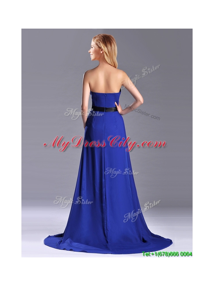 Luxurious Empire Chiffon Royal Blue Prom Dress with Brush Train