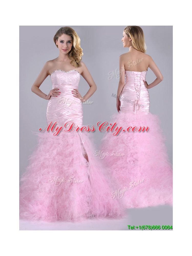 Luxurious Ruffled Taffeta and Tulle Prom Dress with Beading and Sequins