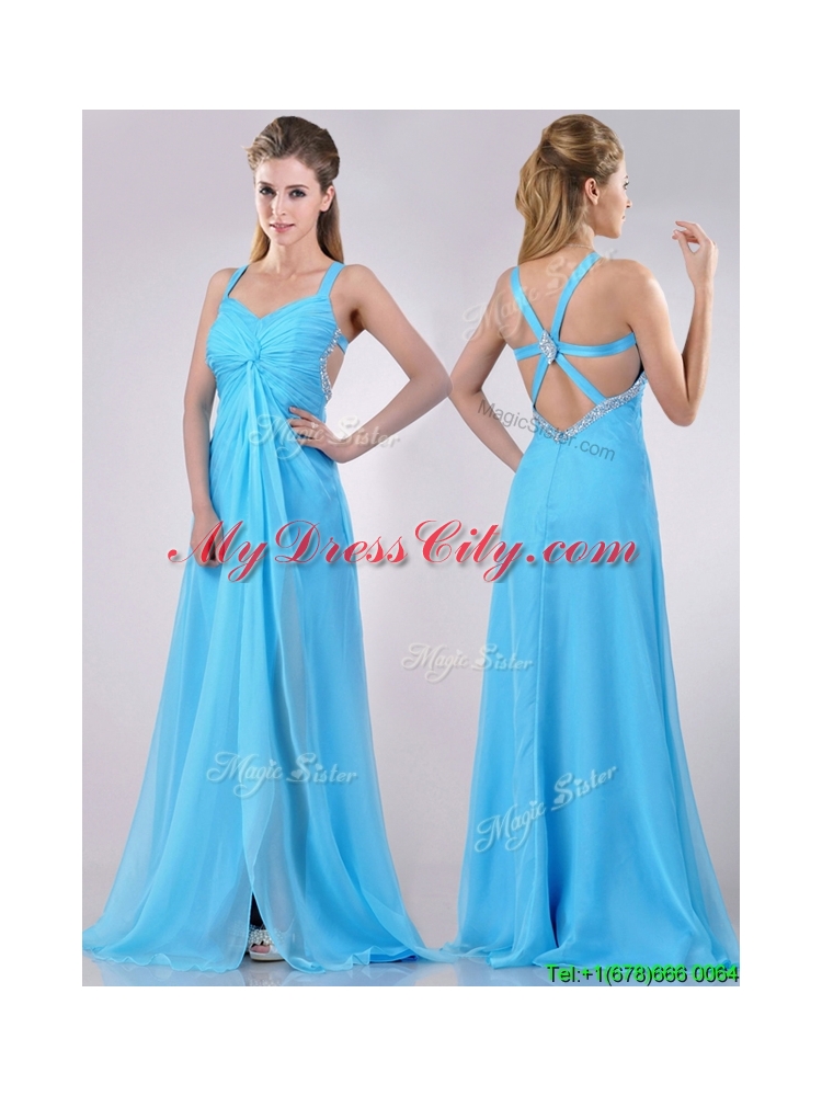 Luxurious Straps Criss Cross Beaded Long Prom Dress in Baby Blue