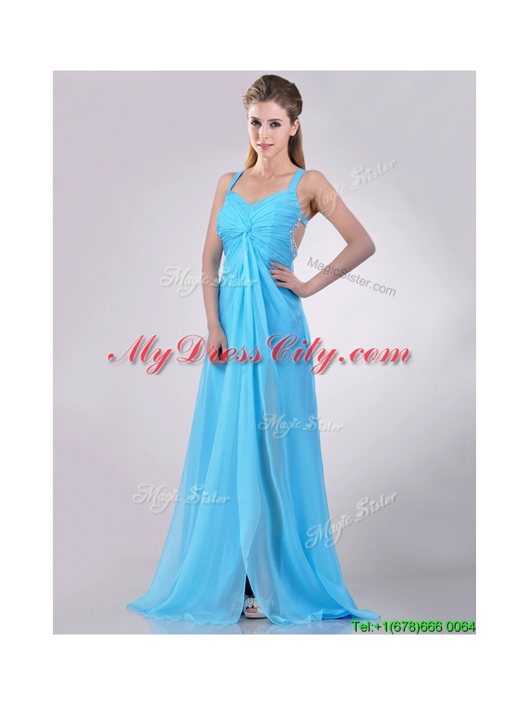 Luxurious Straps Criss Cross Beaded Long Prom Dress in Baby Blue