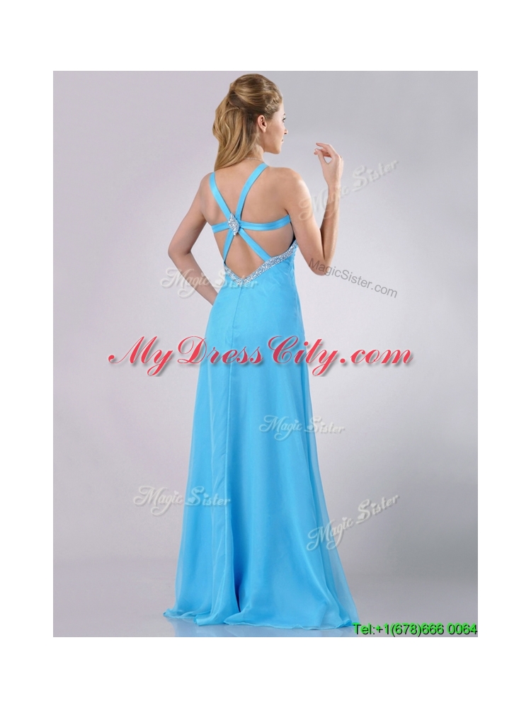 Luxurious Straps Criss Cross Beaded Long Prom Dress in Baby Blue