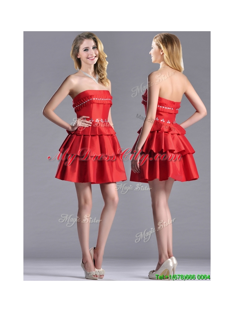 New Arrivals Red Strapless Prom Dress with Ruffled Layers and Beading