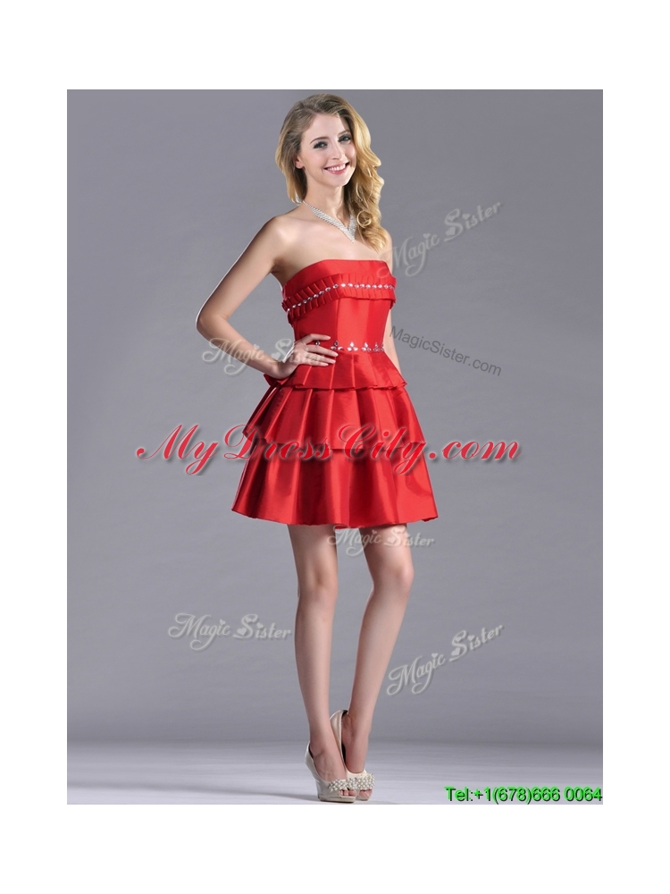 New Arrivals Red Strapless Prom Dress with Ruffled Layers and Beading