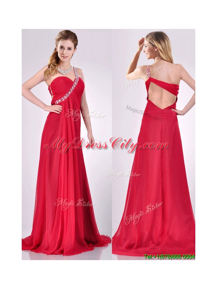 New Beaded Decorated One Shoulder Red Prom Dress with Brush Train