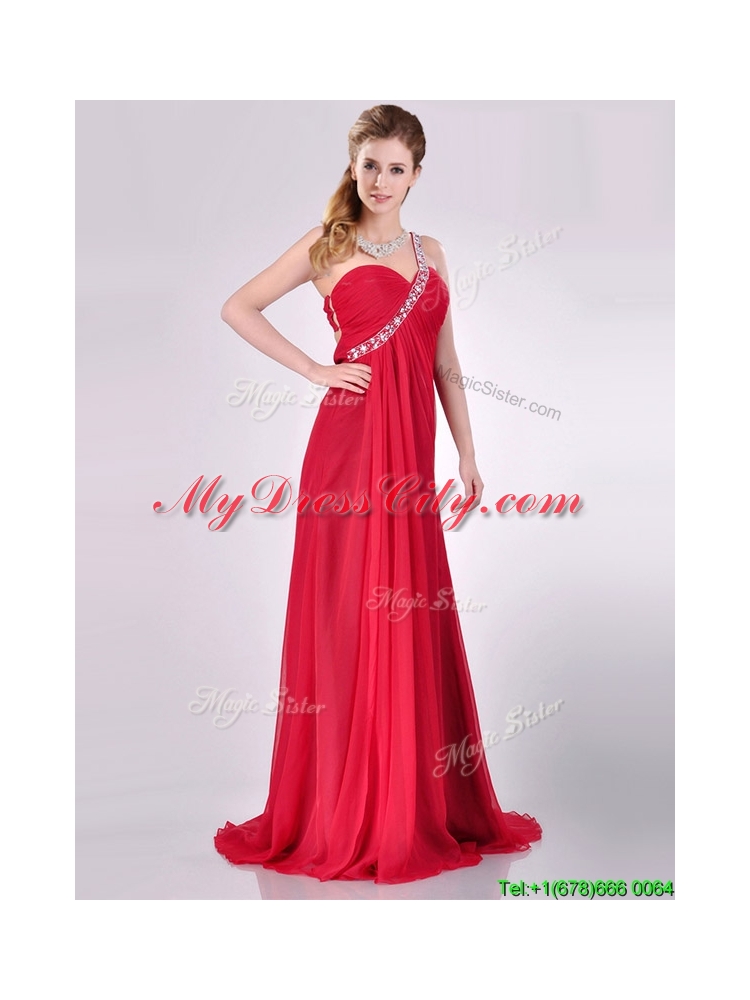 New Beaded Decorated One Shoulder Red Prom Dress with Brush Train