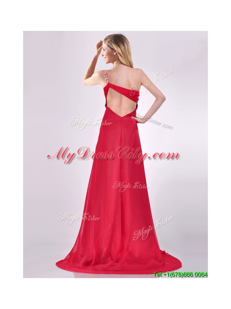 New Beaded Decorated One Shoulder Red Prom Dress with Brush Train