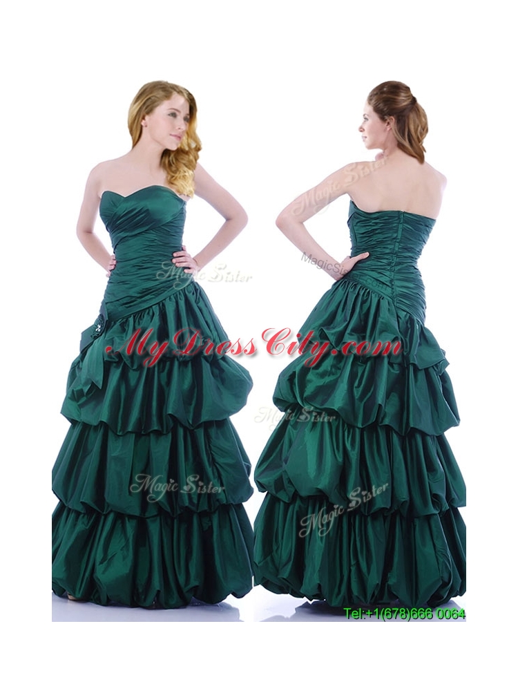 Popular A Line Ruched and Bubble Prom Dress in Hunter Green