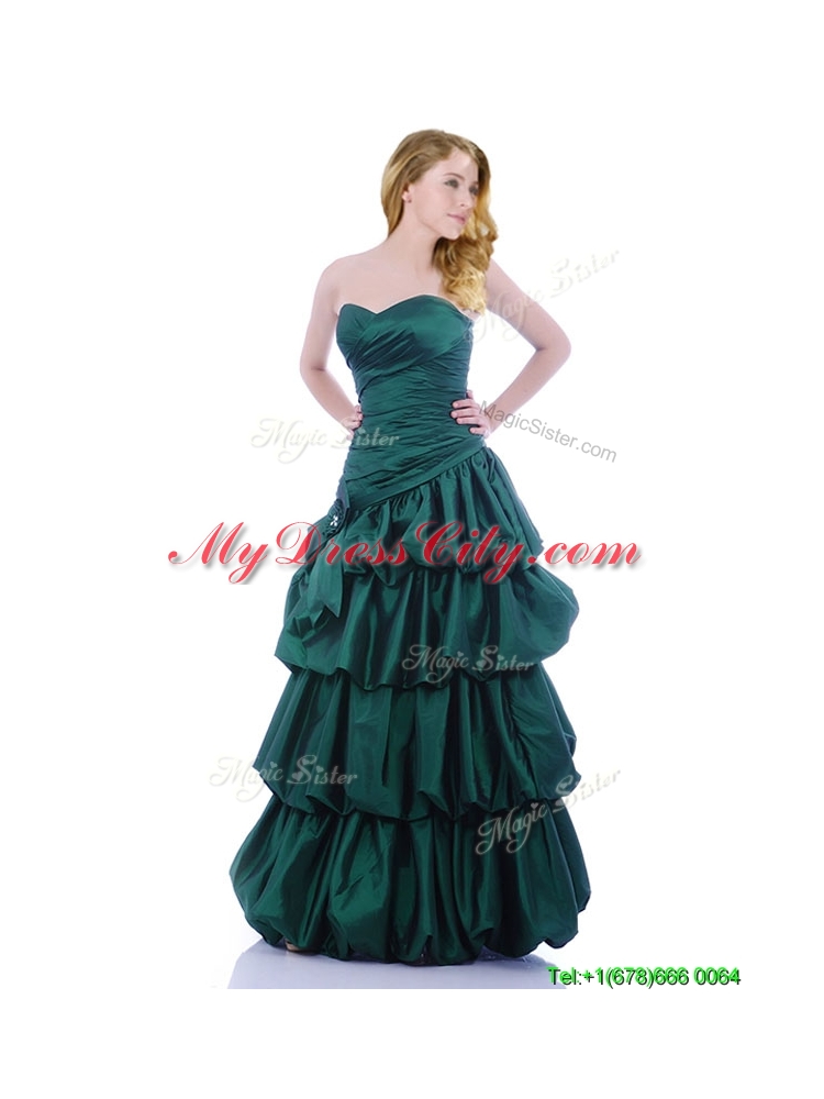 Popular A Line Ruched and Bubble Prom Dress in Hunter Green