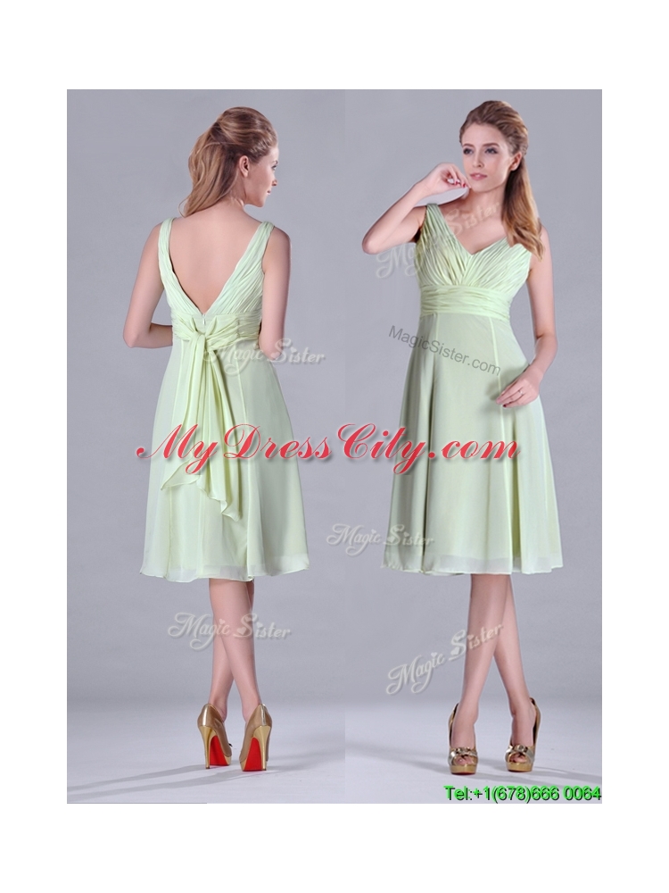 Lovely Tea Length Ruched and Belted Bridesmaid Dress in Yellow Green