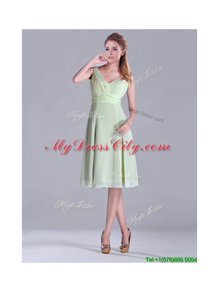 Lovely Tea Length Ruched and Belted Bridesmaid Dress in Yellow Green