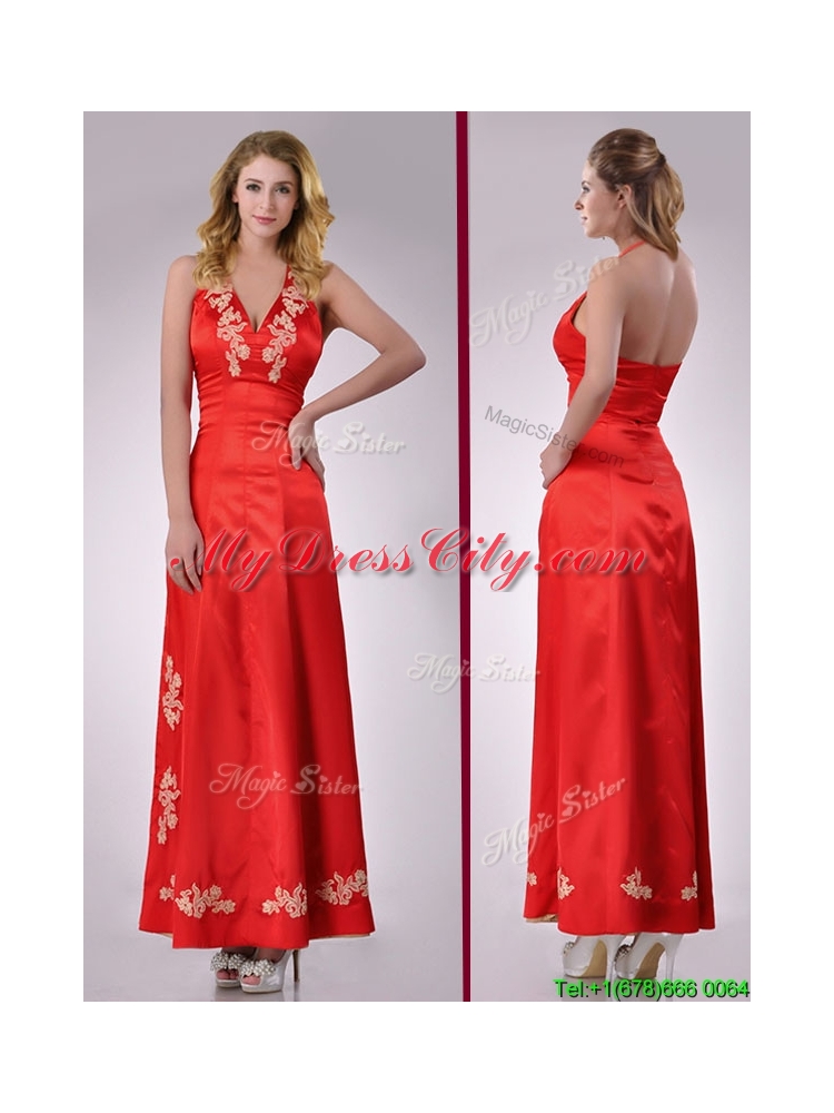 Modest Column Halter Top Backless Red Prom Dress with Appliques