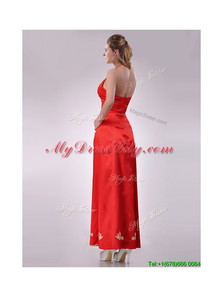 Modest Column Halter Top Backless Red Prom Dress with Appliques