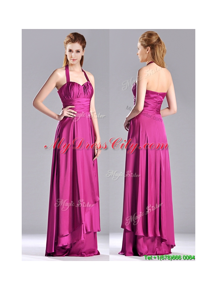 Classical Halter Top Fuchsia Long Prom Dress in Elastic Woven Satin