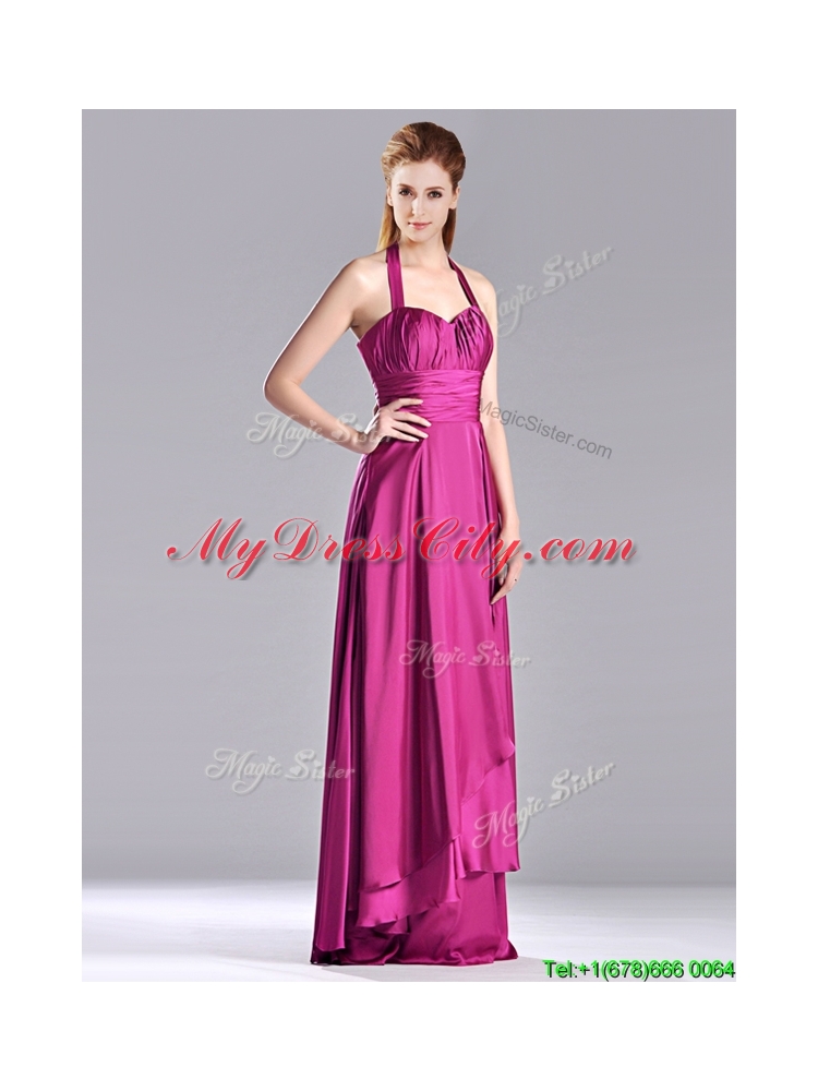 Classical Halter Top Fuchsia Long Prom Dress in Elastic Woven Satin